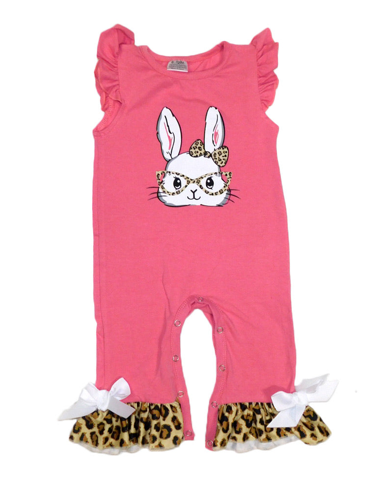 Pink Bunny Romper with Leopard Trim