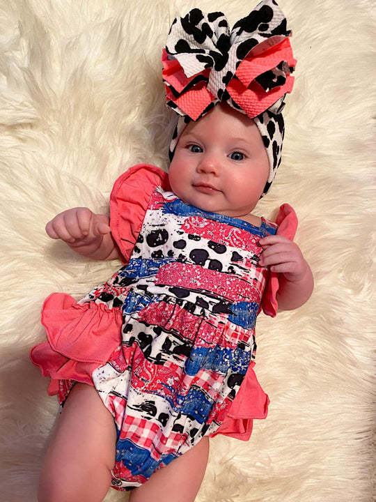 Restock cow brushstroke ruffle romper
