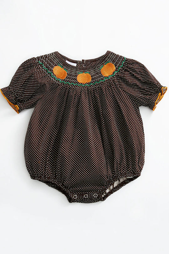 Smocked Brown pumpkin polka dot romper