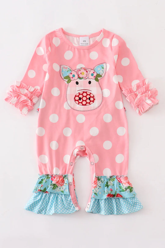 Polka dot pig romper with ruffles