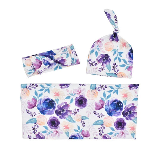 Purple floral 3 piece swaddle set