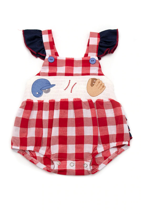 Baseball smocked ruffle romper