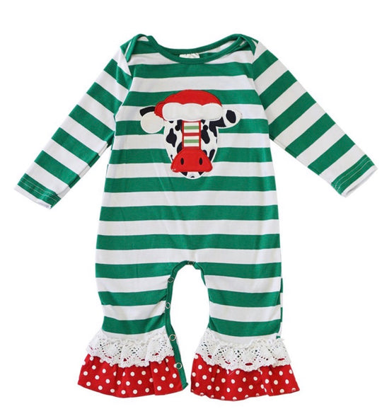 Baby Girl Green Stripe Cow Romper