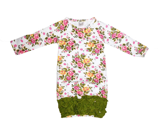 Olive and white floral baby gown