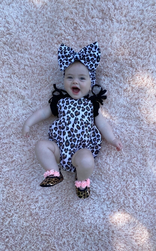 Leopard bubble romper with tie