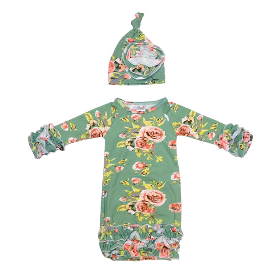 Green floral gown and hat set