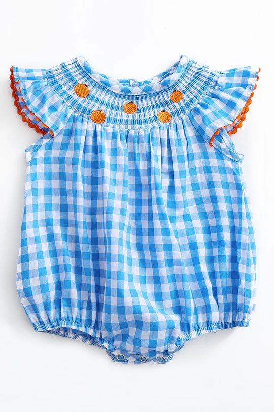 Smocked Blue plaid pumpkin romper
