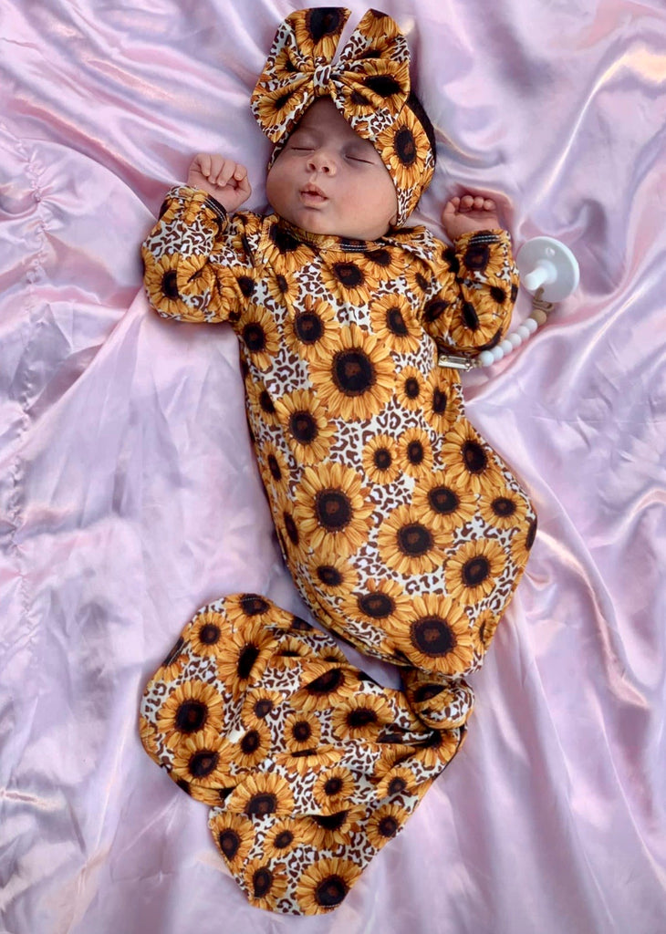 Leopard Sunflower Baby Gown and Headband Set