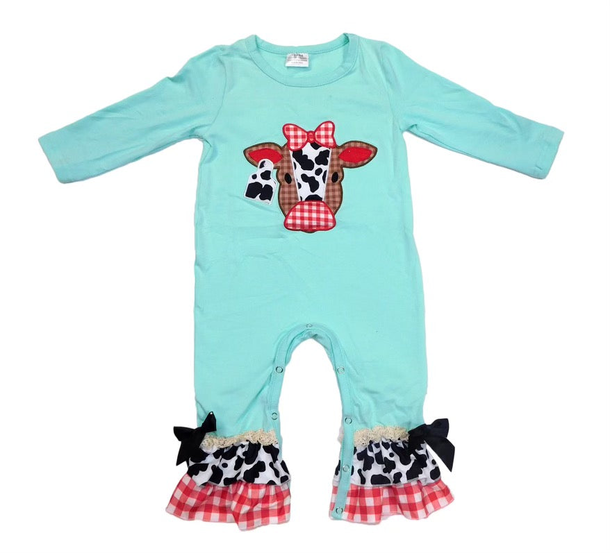 Blue and red cow romper