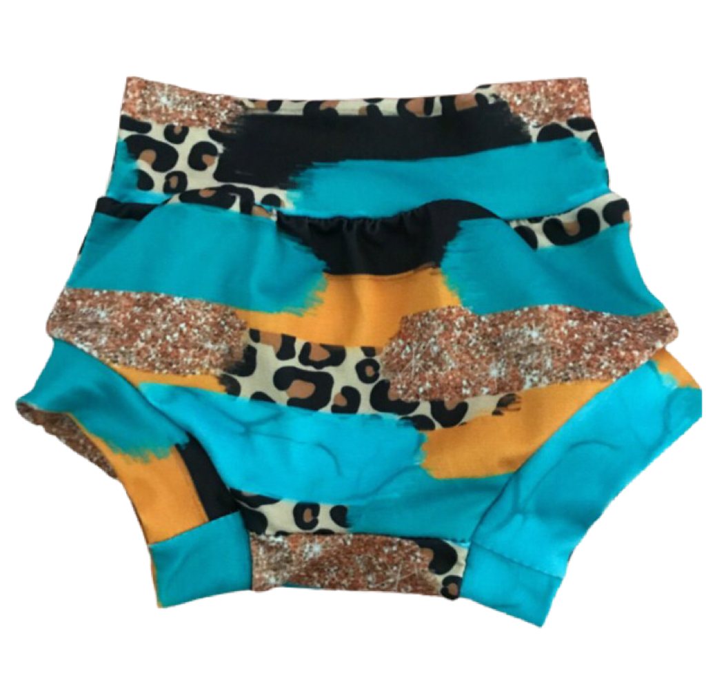 Turquoise and orange leopard bummies