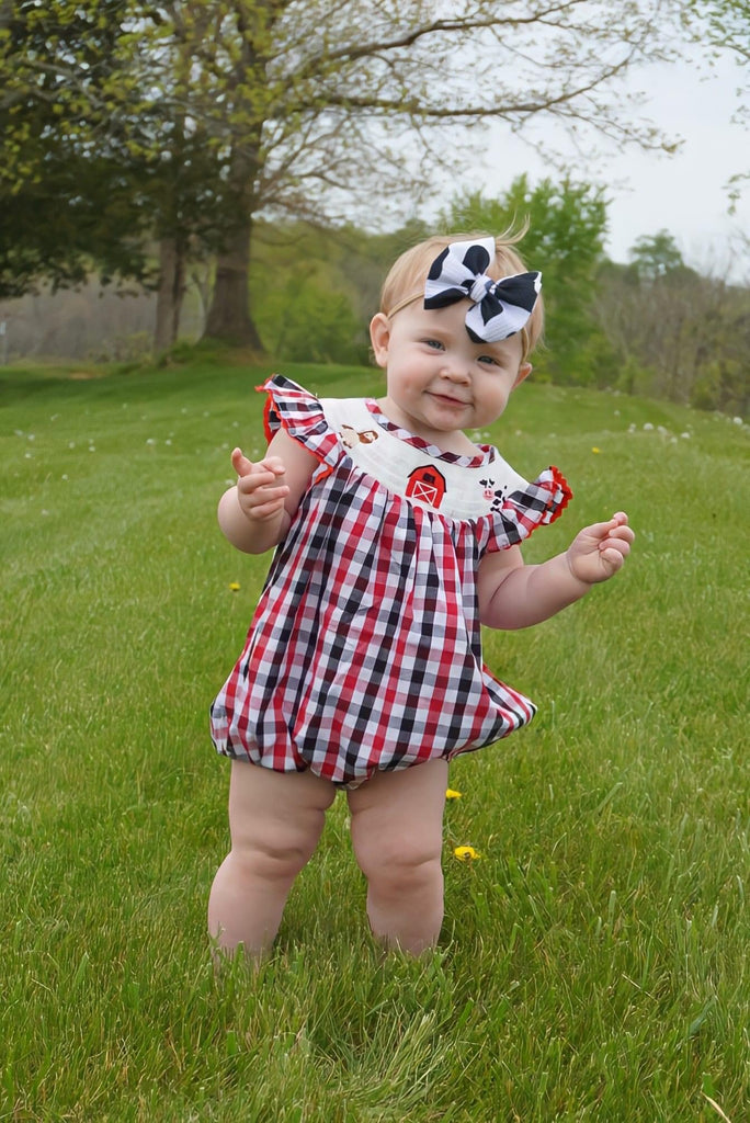 Red and black smocked farm romper