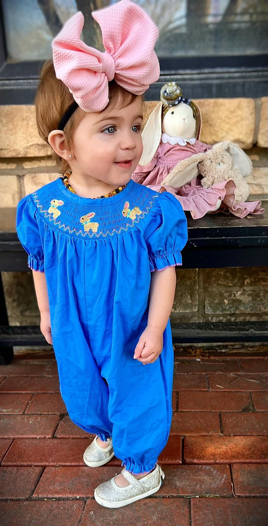 Blue Smocked Bunny romper