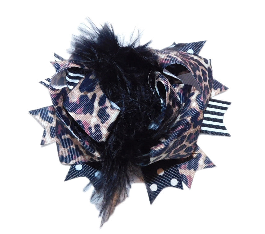 Leopard and Black Feather Bow Clip