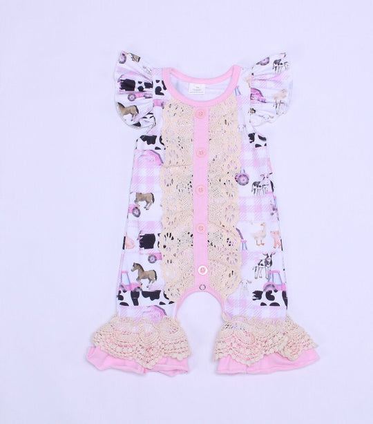 Newborn farm brush strokes lace romper