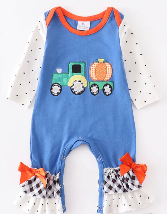 Girl pumpkin tractor romper