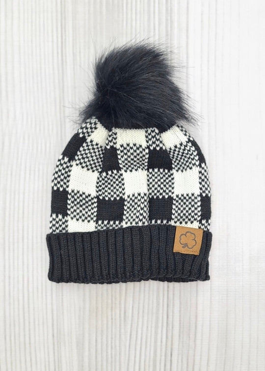 Black plaid pom beanie