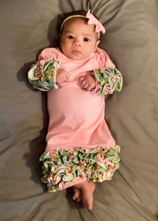 Pink and green floral ruffle gown