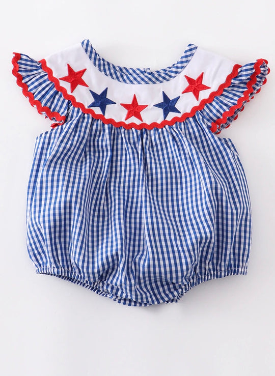Blue gingham star embroidery romper
