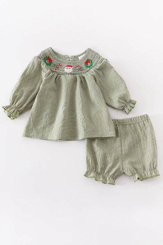 Smocked green Christmas set