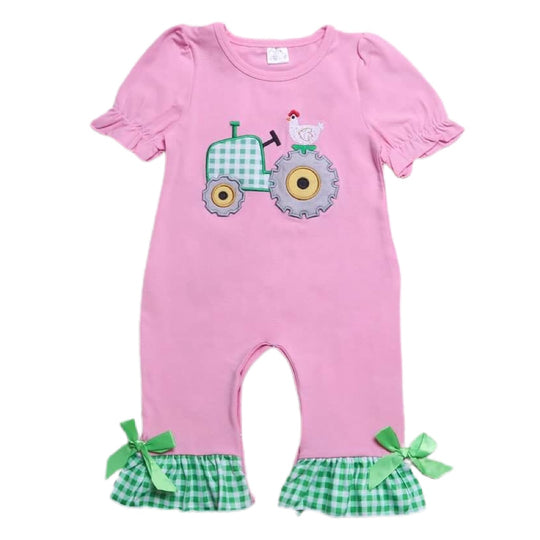 Pink farm tractor romper