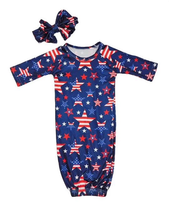 Red white and blue baby gown and headband set