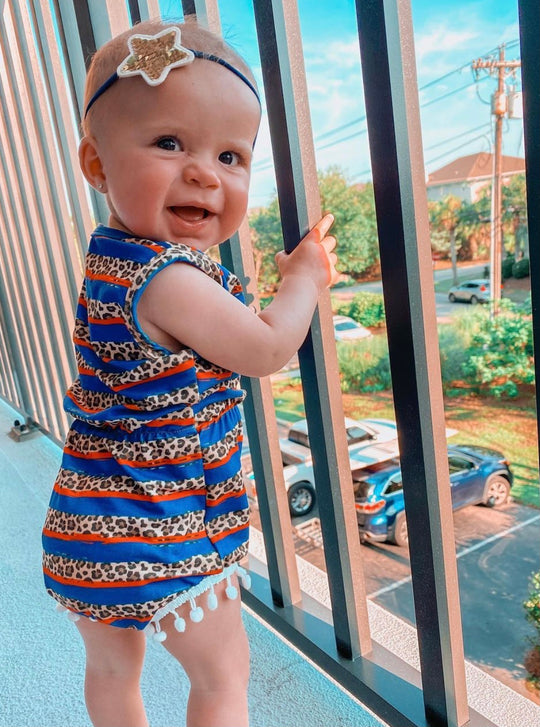Baby Red, White, Blue & Leopard Stripe Pom Romper