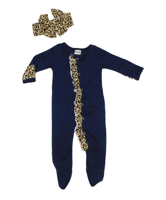 Navy and leopard newborn footie sleeper set with mitten cuffs