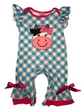 Blue and pink checkered cow romper