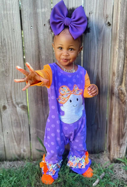 Purple polka dot ghost romper