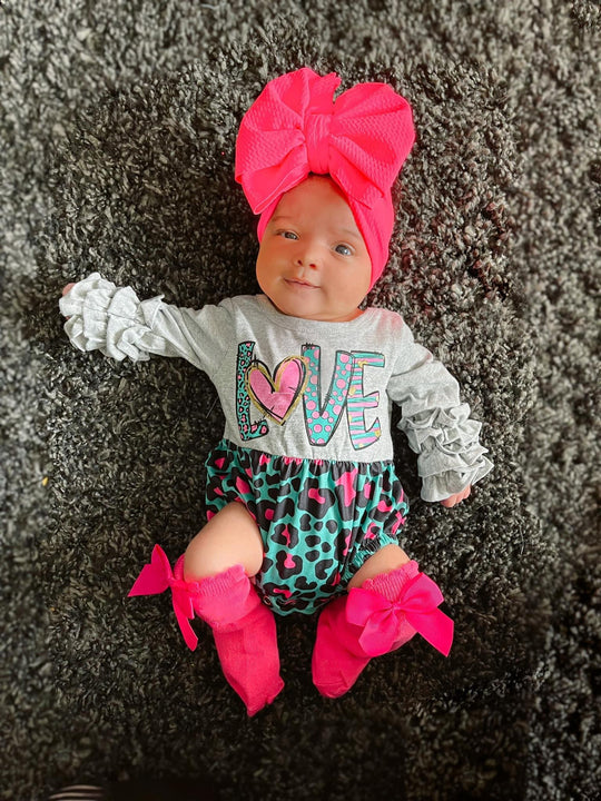 Blue and pink Leopard love romper with socks