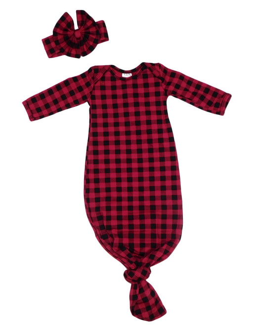Buffalo plaid knotted gown and headband set 0-3 month