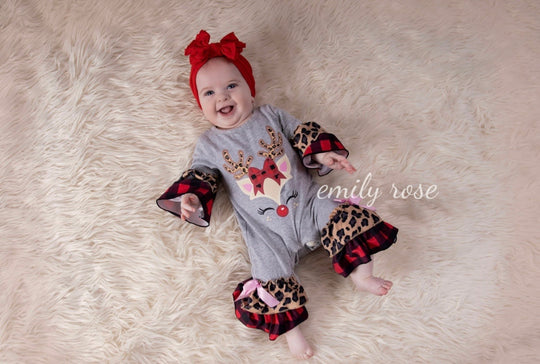 Gray with Leopard Reindeer Romper