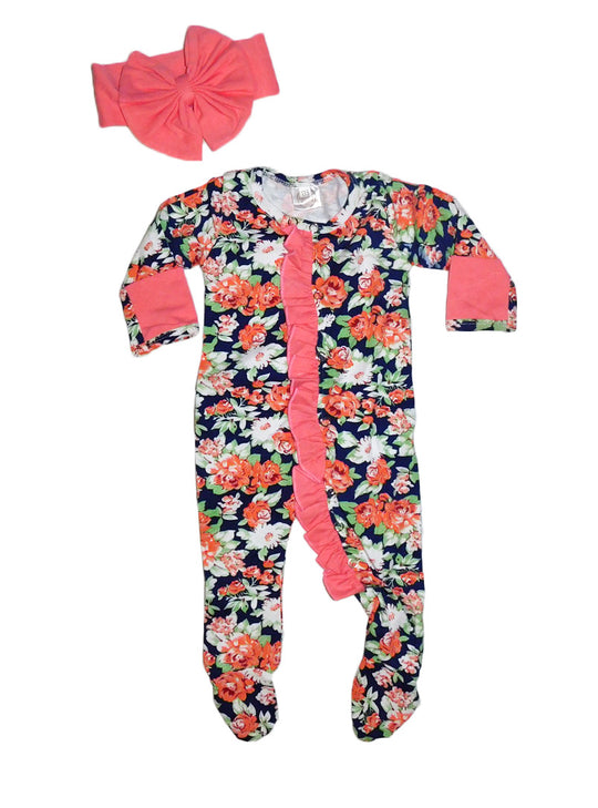 NEWBORN Pink and Navy Floral Sleeper and Headband Set
