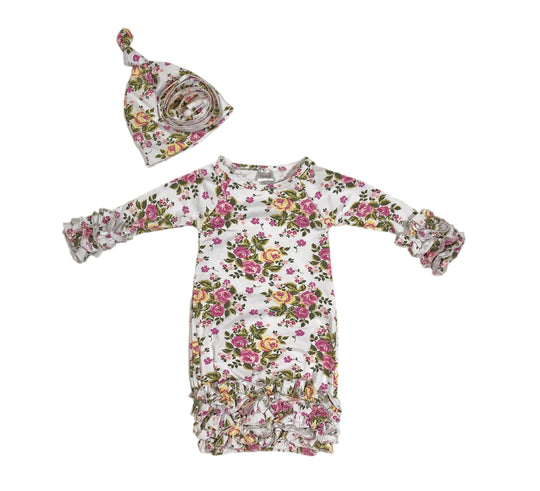 Olive floral ruffle gown and hat set 0-3 months