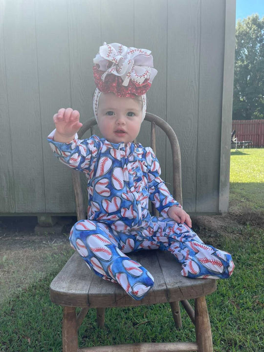Baseball hearts ruffle Zip footie sleeper