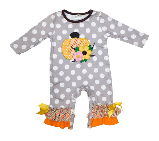 Gray polka dot pumpkin romper