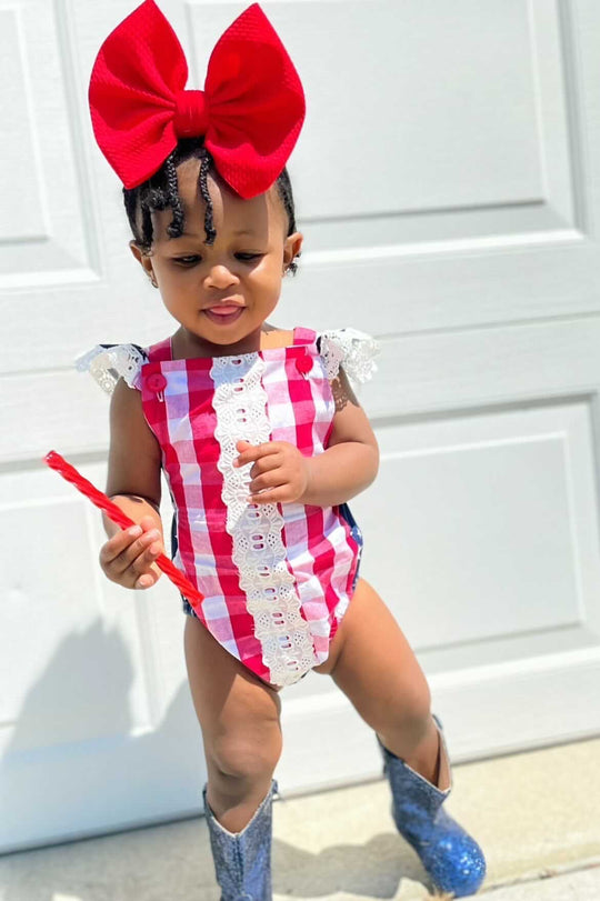 Red white and blue stripe lace romper
