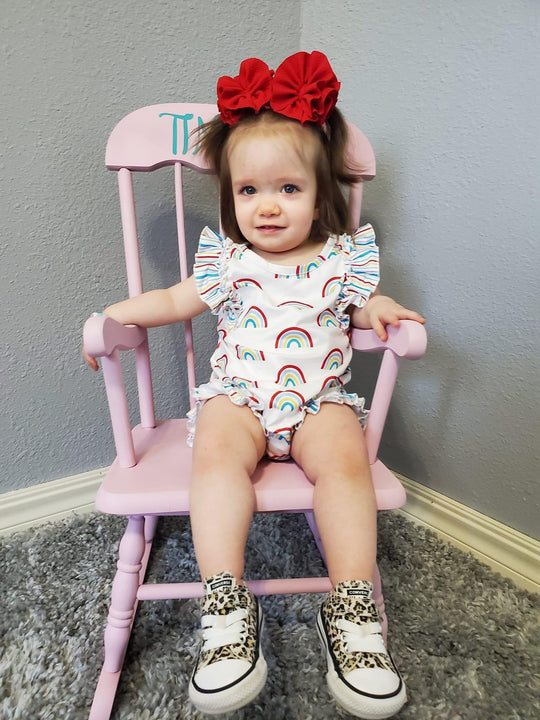 Neutral rainbow ruffle romper