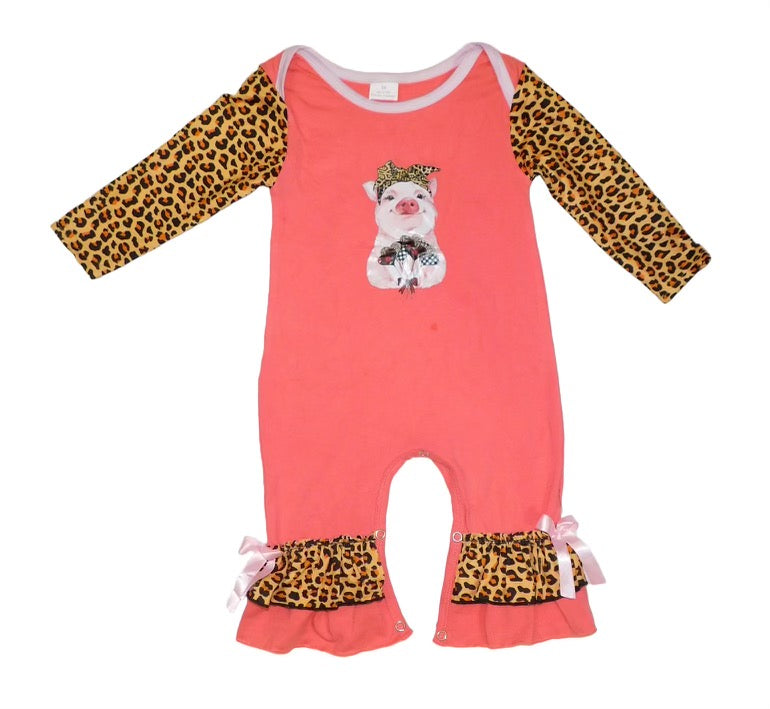 Pink and leopard pig romper with plaid hearts