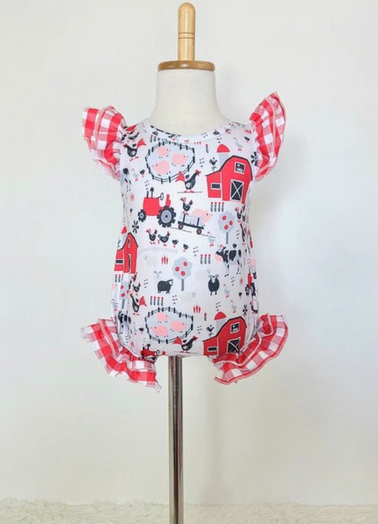 Clover Cottage red barn summer Romper