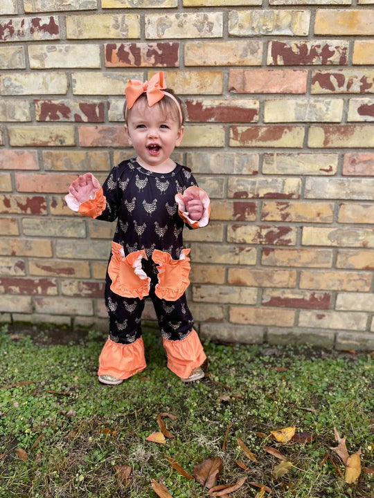 Leopard chicken and orange romper with pockets