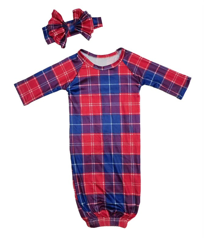 July 4th plaid baby gown and headband set