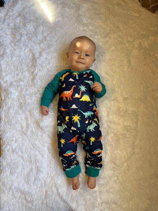 Navy dino romper