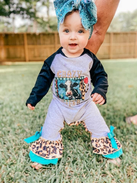 Crazy heifer gray and leopard romper