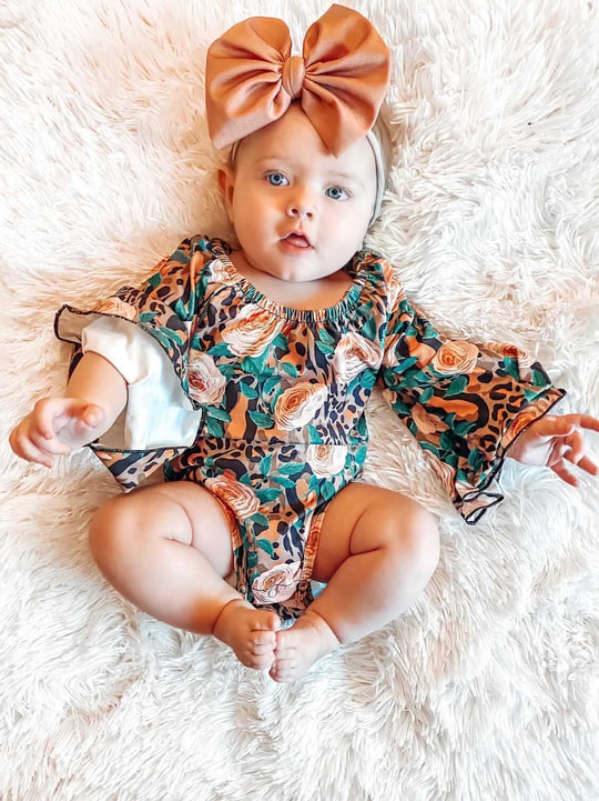 Leopard Floral Bell Sleeve Romper