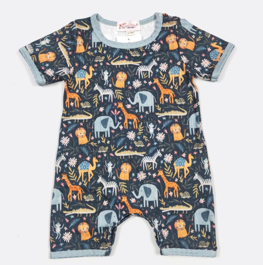 Clover Cottage navy zoo romper