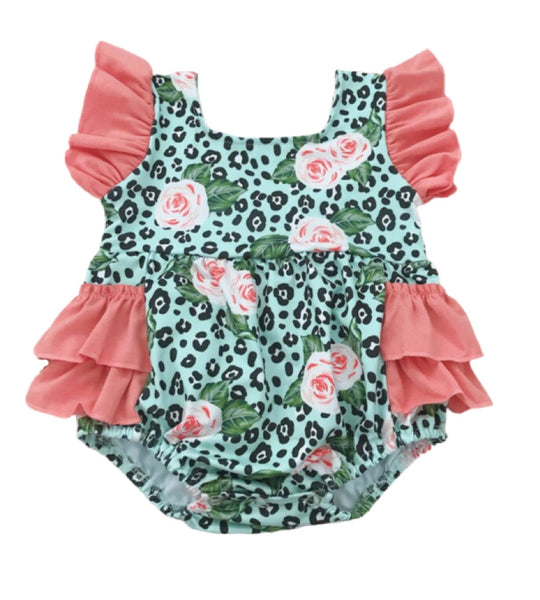 Green leopard floral romper