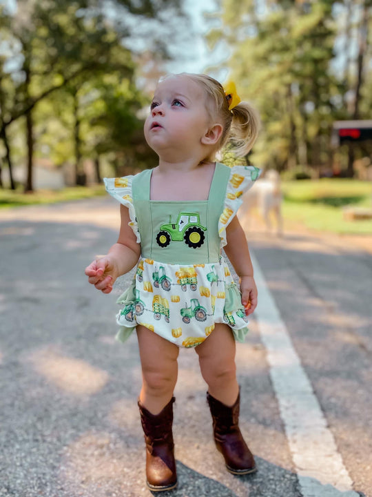 Green tractor romper