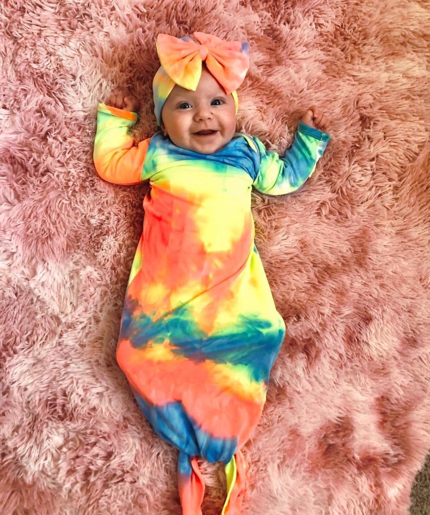 Pink, blue & yellow tie dye gown and headband set