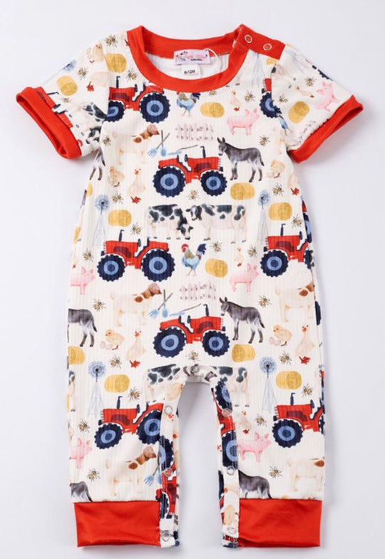 Clover Cottage red tractor romper